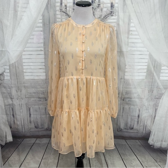 a loves a Dresses & Skirts - A Loves A Size Small Peach Silver Half Button Babydoll Mini Dress Long Sleeve